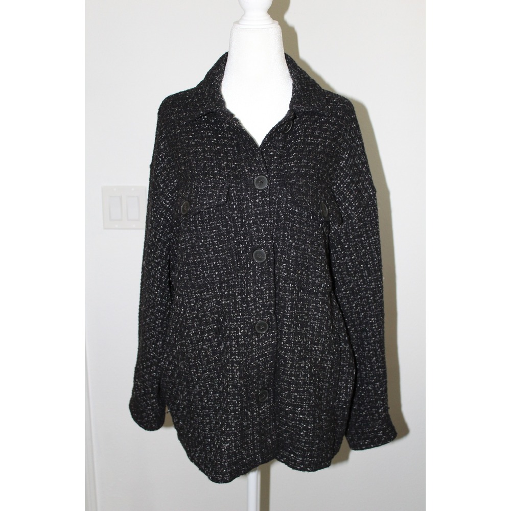 ZARA Tweed Button Front Jacket‎ Shacket Black White Oversized Women's Size M